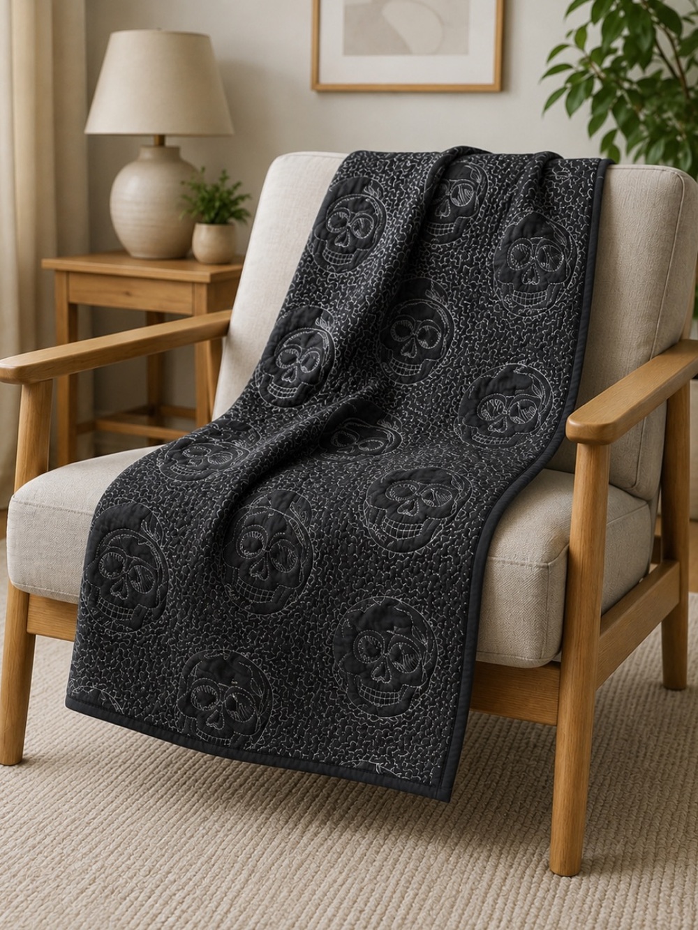 Shabby Chic Black Embroidered Skull With White Stitching Gothic‎ Throw Blanket